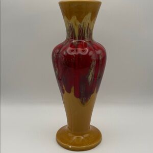 Vintage Japanese Drip Glaze Vase Red Mustard Yellow Mid Century Art Pottery 10”
